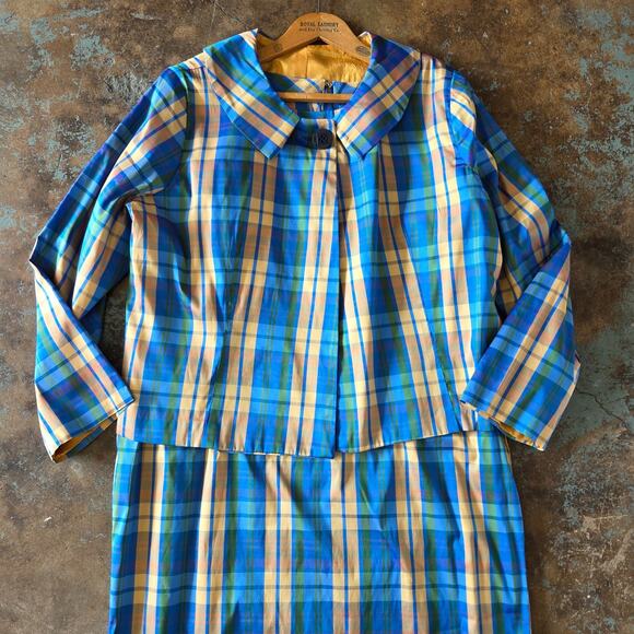Vintage 60s Style Plaid Midi Dress and Jacket Set Plus Size 1X Blue Gold Satin - Picture 2 of 14